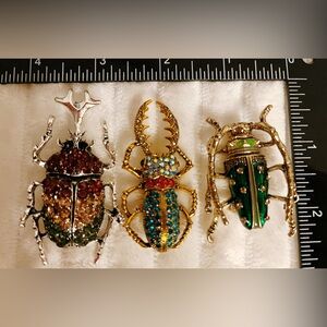 Lot 3 Vintage Style Beetle Brooch Rhinestone Enamel Stag Rhino Longhorn Insect